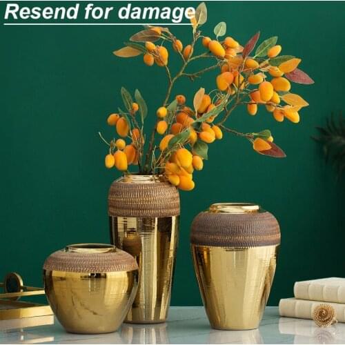 Home Ornaments Living Room Desktop Arrangement Simple Insert Ceramics Gold Crafts Flower Vase for Dried Flower