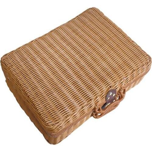 Home Retro Straw Rattan Storage Box Picnic Travel Basket Suitcase Handbag