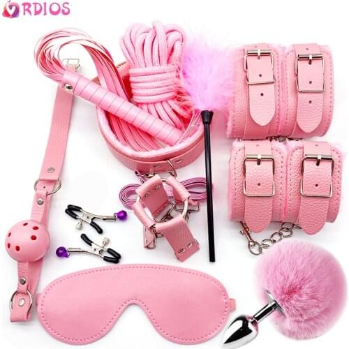 Exotic Accessories BDSM Bondage Set Handcuffs Nipple Clamps Gag Whip Anal Plug Butt Tail Adult Tool Sex Toys for Women Sexy Shop