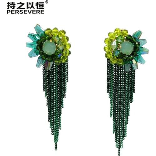 Elegant Crystal Beaded Metal Chain Short Tassel Earrings For Women blue green purple Handmade Boho charms jewelry