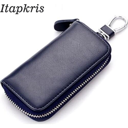 Itapkris High Quality Leather Men Housekeeper Coin Pouch Key Wallet Fashion Organization Car Key Holder With Keyring Black