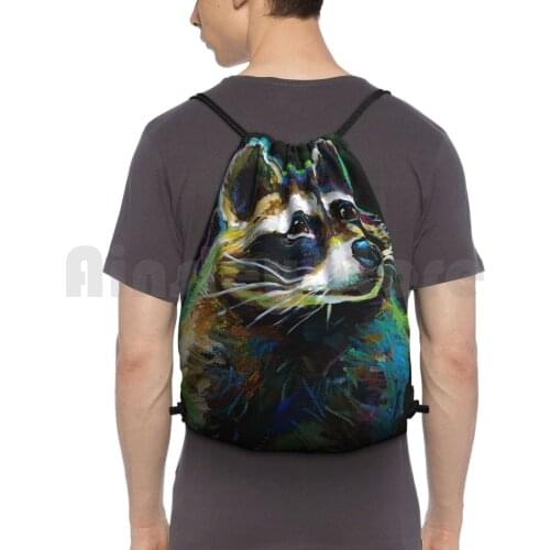 Colorful Raccoon Painting Backpack Drawstring Bag Riding Climbing Gym Bag Raccoon Cute Animals Bandit Rocket Trash Panda