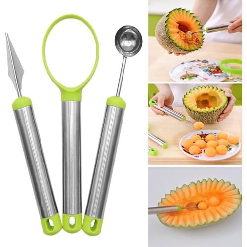 Kitchen Fruit Spoon Set Stainless Steel Watermelon Baller Scoop Carving Gadge Knife 2 In 1 Ice Cream Double-end Slicer Knife Too