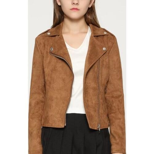 2018 Autumn Fashion Women Suede Motorcycle Jacket Slim Brown Full Lined Soft Faux Leather Coat Veste Femme Cuir Epaulet Zipper