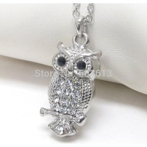 Fashion Owl Animal Crystal Rhinestone Pendant Necklace Rhodium plated 3.2 cm One piece xy043