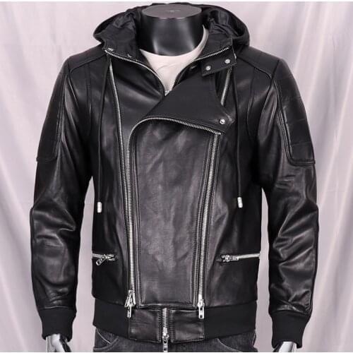 Mens Pure Natural Sheepskin Autumn/Winter Black Hooded Sheepskin Jacket Motorcycle Suit Sheepskin Jacket coat Large Size 3XL4XL