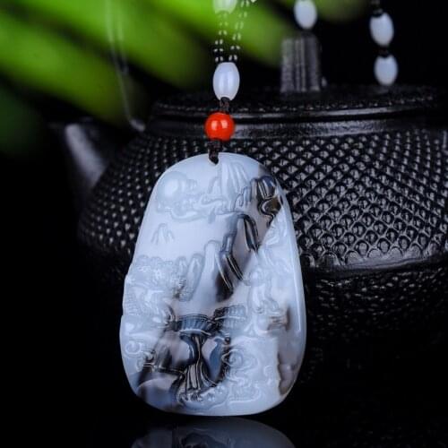 Natural Blue and White Jade Hand-carved Landscape Pendant Fashion Boutique Men and Women Smoky Gray Landscape Painting Necklace