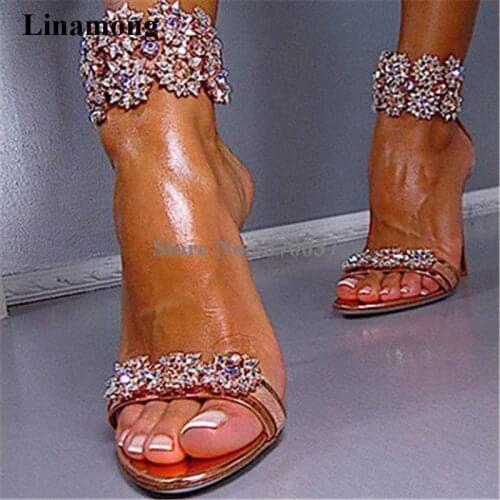 Luxury Women Charming Rhinestone High Heel Sandals Ankle Strap Crystal Beaded Thin Heel Sandals Wedding Shoes Dress Shoes