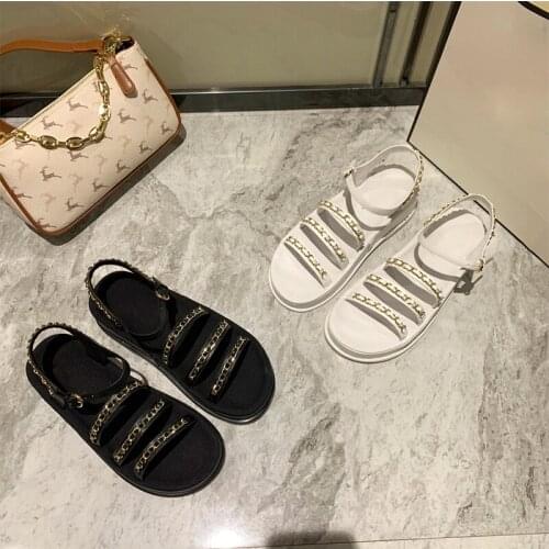 2021 Round Open Toe Thick Bottom Flat Sandals Women Chain Buckle Strap Leather Shoes Ladies Summer Casual Beach Shoes Handmade