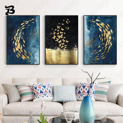 Nordic Abstract Fish Canvas Poster Wall Art Golden Butterfly and Fish Canvas Painting Wall Pictures for Living Room Home Decor