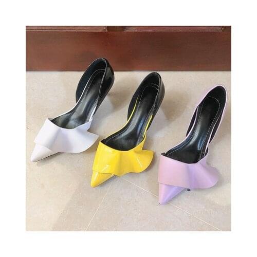 Ruffled high heels patent leather shallow sexy ladies pumps pointed toe stiletto single shoes slip on party wedding sandals
