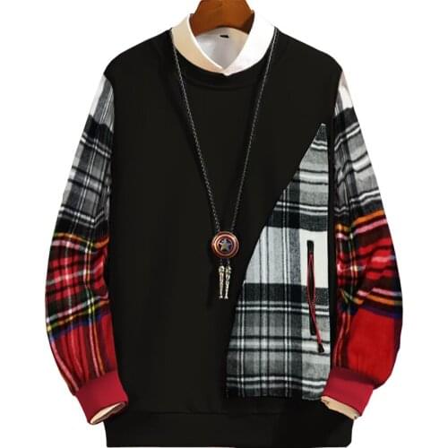 New Arrival Fashion Autumn Winter Large Extra Splicing Loose O-neck Plaid Thick Hoodie Men Plus Size 2XL-7XL 8XL 9XL 10XL 12XL