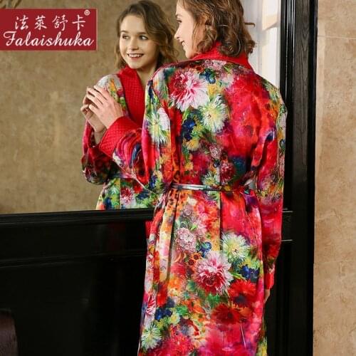 Elegant red winter 100% genuine silk women robes nightgowns sexy plaid Thicken mulberry silk robes women Dressing gown S5653