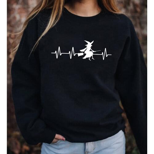 Witch Heartbeat Halloween Witch Graphic Printed Funny Casual 100%Cotton Long Sleeve Tops Sweatshirts for Halloween Party
