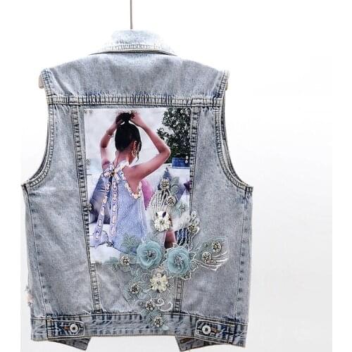 Spring summer flowers beading sequins 2020 NEW women sleeveless denim vests all match Korean jean waistcoat street fashion JC225