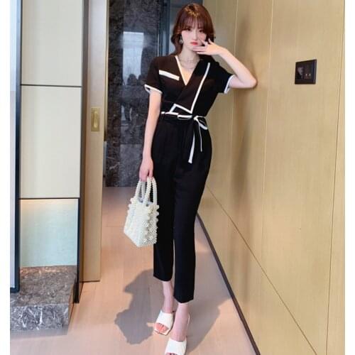 2020 Summer Slim V Neck Black Jumpsuit Casual Long Pencil Pants Trousers Vintage Ladies Rompers Bow Sexy Party Womens Jumpsuits