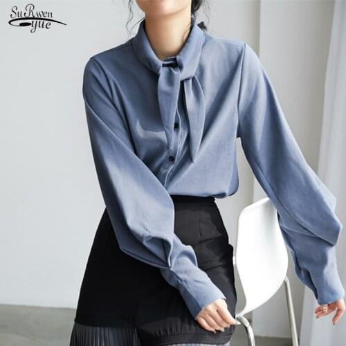 2021 Autumn Clothes Bow Lantern Sleeve Solid Loose Women Tops and Blouses Cardigan Female Vintage Shirts Chemisier Femme 8027 50