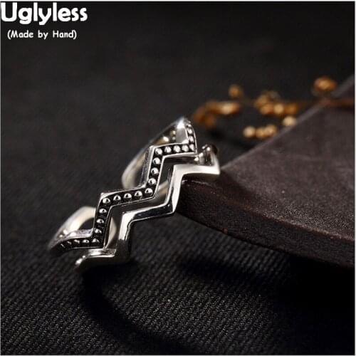 Uglyless Real 925 Sterling Silver Ethnic Opening Finger Rings for Women Hollow Wave Designer Marcasite Ring Vintage Fine Jewelry