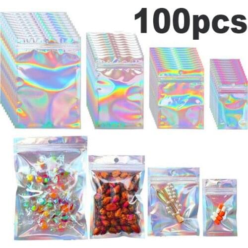 100Pcs Eyelashe Package In Bulk Holographic Laser Zip Lock Bag Necklace Storage Custom Brand Logo Sticker Idea Gift Packaging