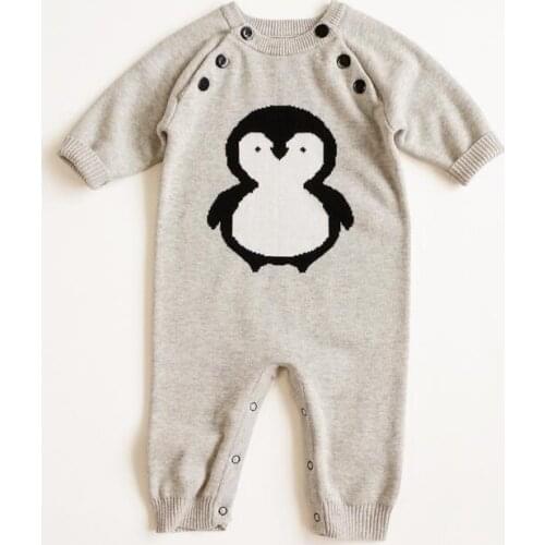 2021 Baby Romper Long Sleeve Knitted Newborn Jumpsuit Solid Gray Colour Penguin Baby Clothing