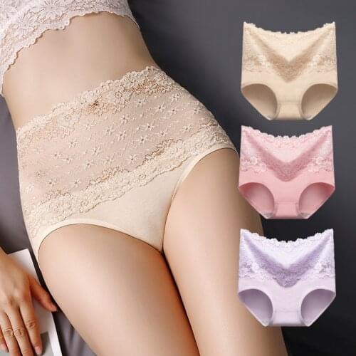 3Pcs Sexy Lace Breathable Panties High Waist Womens Underwear Cotton Briefs Lingerie Antibacterial Underpants Female Intimates