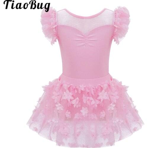 Toddler Kid Girls Flower Ruffle Sleeve Ballet Leotard with Dance Skirt Ballerina Dress Gymnastics Dancewear Tutu Skirt Set