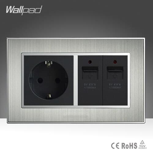 EU 16A Socket and Double USB Charging Ports Silver Satin Metal EU Standard Electric Wall Socket Power Supply 2 USB Outlet