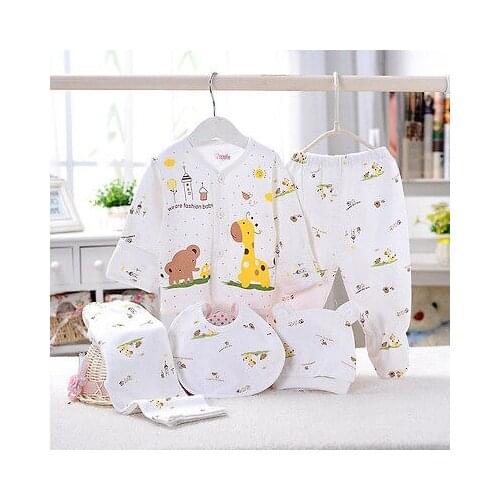 Focusnorm 0-3M 5pcs Baby Set Newborn Baby Boy Girls Cotton Clothes Sets Print Animal Sleepwear Cotton Long Pants