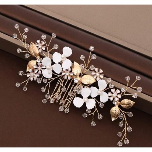New Design Retro Flower Leaves Shining Crystal Simulated Pearls Hair Combs Bride Noiva Wedding Party Hair Jewelry Headpieces