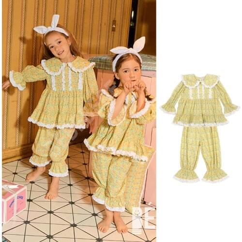 Girls Cotton Yellow Floral Pajama Sets.Vintage Toddler Kid‘s Peter Pan Collar Pyjamas Set Sleep Loungewear.Children’s Clothing