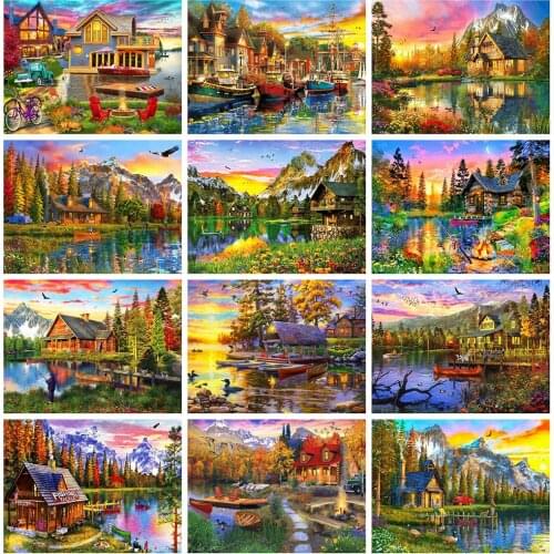 HUACAN 5D DIY Diamond Painting New Landscape House Diamond Embroidery Cross Stitch River Rhinestones Mosaic Home Decor