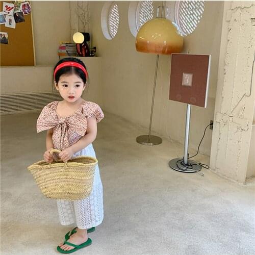 Little Girls Sweet Summer Clothes Set, Floral Print Short Puff Sleeve Tops with Bow-knot + Lace Wide Leg Trousers,1-6Years