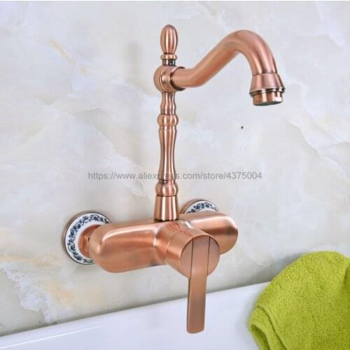 Red Copper Antique Wall Mounted Bathroom Sink Faucet Swivel Spout Bathtub Mixer Single Handle Nnf938