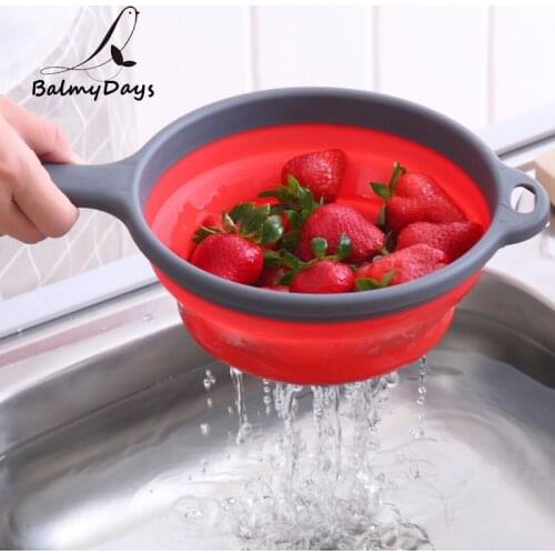 Kitchen Gadgets Foldable Silicone Colander Collapsible Fruit Vegetable Washing Basket Strainer Long Handle Folding Filter Basket