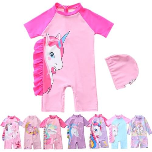 New Pink Unicorn Swimsuit Girl Children Swimming Suit Short Sleeve UV Protection One Piece Child Bathing Clothes Beach Wear