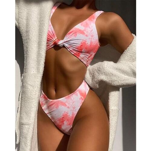 Swimming Suit For Women Deep V Halter Mid Waisted Tie Dye Print Thong Bikini Set Two Piece Swimsuit Split Bikini 2021 Beachwear