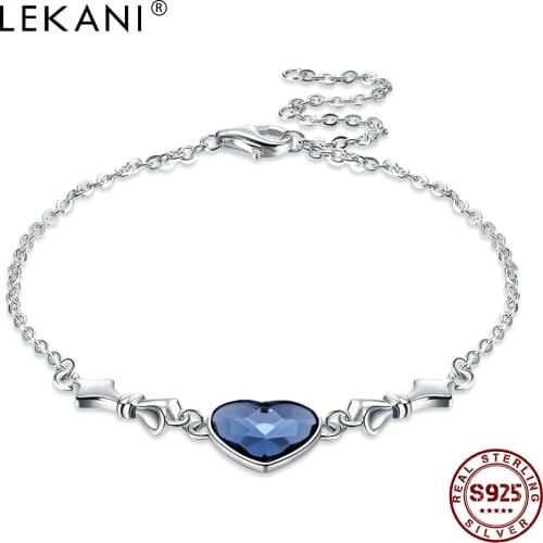 LEKANI 925 Sterling Silver Adjustable Link Bracelets For Women Blue Love Shape Austria Crystal Bracelet Party Fine Jewelry