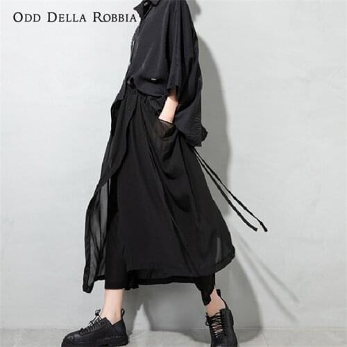 OddDellaRobbia Summer New Japanese Mesh Pure Color Culottes Irregular Tailoring Casual Nine-Point Pants Hakama Women 216023