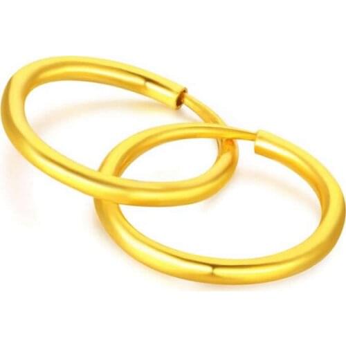 Solid 24K Yellow Gold Earrings Women 999 Gold Smooth Circle Round Hoop Earrings P6286