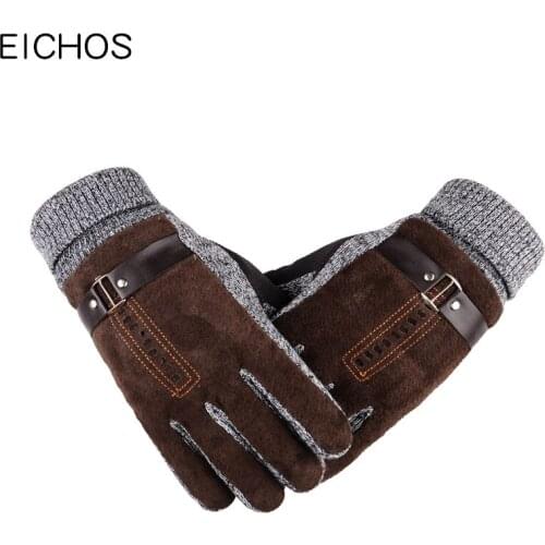 EICHOS Windproof Outdoor Men Gloves Pigskin Knitted Wool Winter Gloves Men Warm Fleece Men Genuine Leather Moto Male Mittens