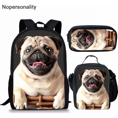 Nopersonality Teenage Girls School Backpack Puppy Pug Dog Printing 3Pcs Bagpack Kids Children Black School Bag Women Mochilas
