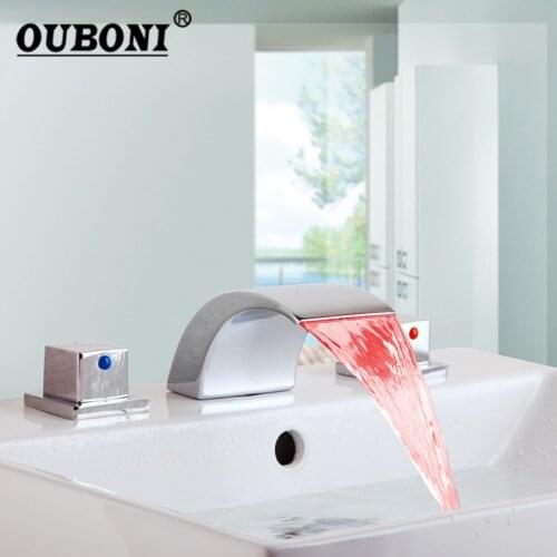OUBONI Solid Brass 3pcs Bathroom Basin Faucet Water Tap Bathroom Waterfall Bathtub Faucet Set LED Basin Mixer Tap