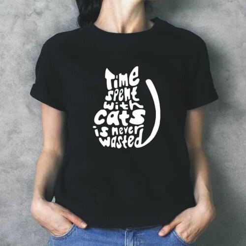 Time Spemt Cats Is Mever Wasted Letter Print Women T Shirt Summer Short Sleeve Harajuku Tee Shirt Femme Loose T Shirt Women Tops