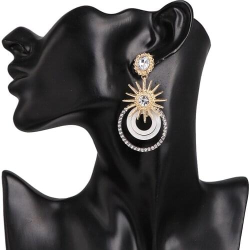 Geometric Large Round Long Drop Earrings Women Luxury Rhinestone Star Circle Dangle Earring Female Statement ZA Earrings Jewelry