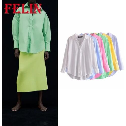 Women Chic Pink Green Overszied Long Shirts Za 2021 100% Cotton V Neck Long Sleeve Loose Solid Shirts Elegant Mujer Blouses Tops