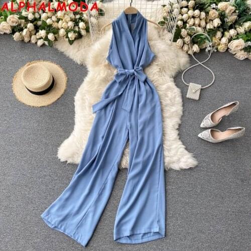 ALPHALMODA 2021 New High Waist Sleeveless V-neck Sashes Elegant Chiffon Jumpsuit Slim Fit Women Feminine One Piece Overalls
