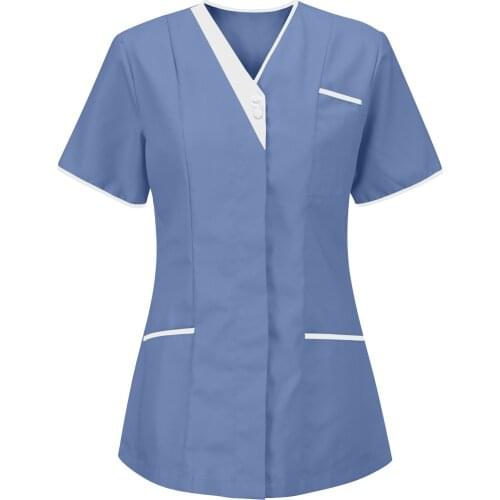 Women Tops Nurses Tunic Uniform Clinic Carer Lapel Protective Clothing Short Sleeve Blouse Maid Care Tops Топик Женский #GH