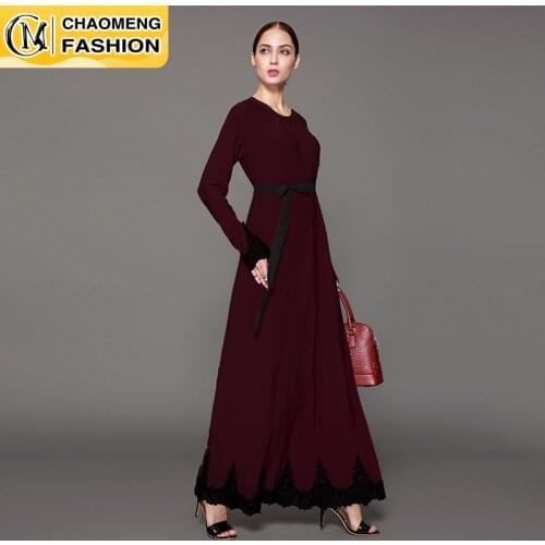 New Fashion Middle East Long Sleeve Lace Casual Plain Elegant Muslim Women Dresses Islamic Clothing Turkish Robe Dubai Abaya