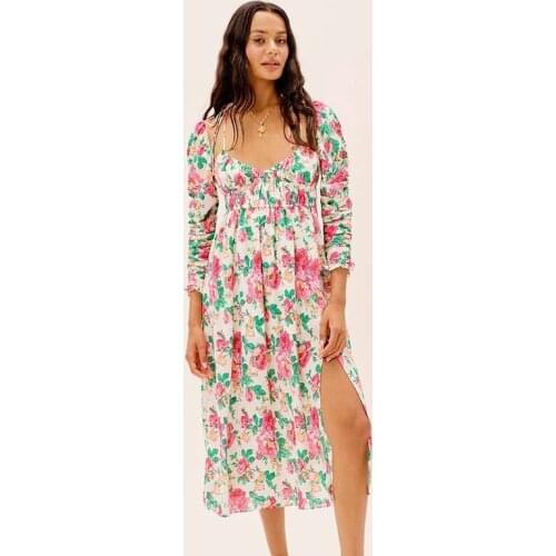 2021 Summer Autumn Holiday Sexy Off The Shoulder V-neck Long Sleeve Rose Floral Print Long Dress