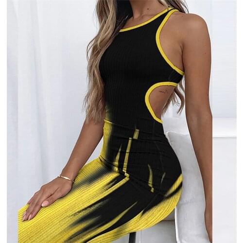 Spring Hollow Out Vest Ribbed Party Dress Women Sexy O Neck Sleeveless Slim Bodycon Dress Summer Solid Office Lady Dress Vestido